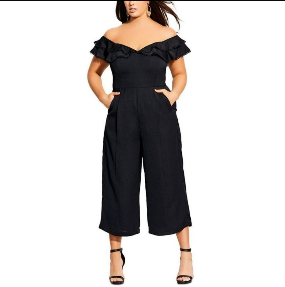 City Chic Jumpsuit Sz 18 Off Shoulder Cropped Black 935